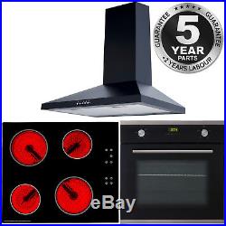 SIA Black Single 60cm Electric Oven Ceramic Hob & Chimney Cooker Hood Extractor